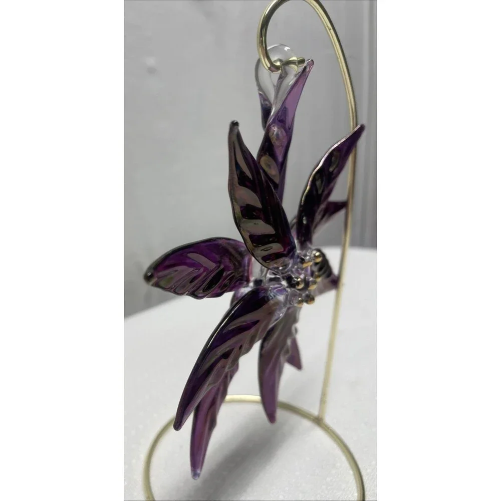 Vtg Purple Hand Blown Glass Poinsettia Flower Hanging Window Ornament Christmas